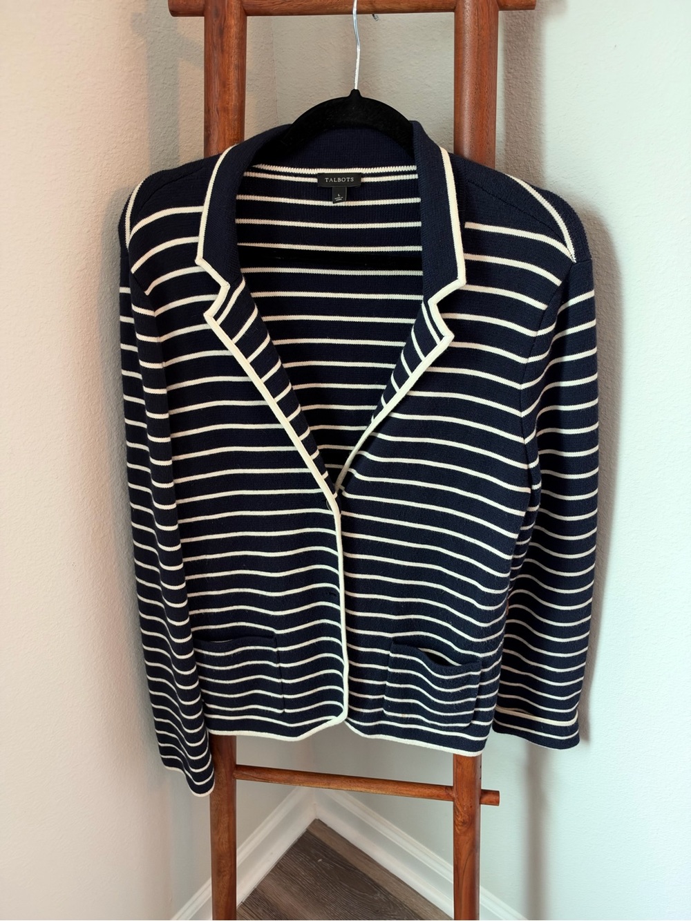 Talbots Navy and White Striped Knit Blazer Cardigan